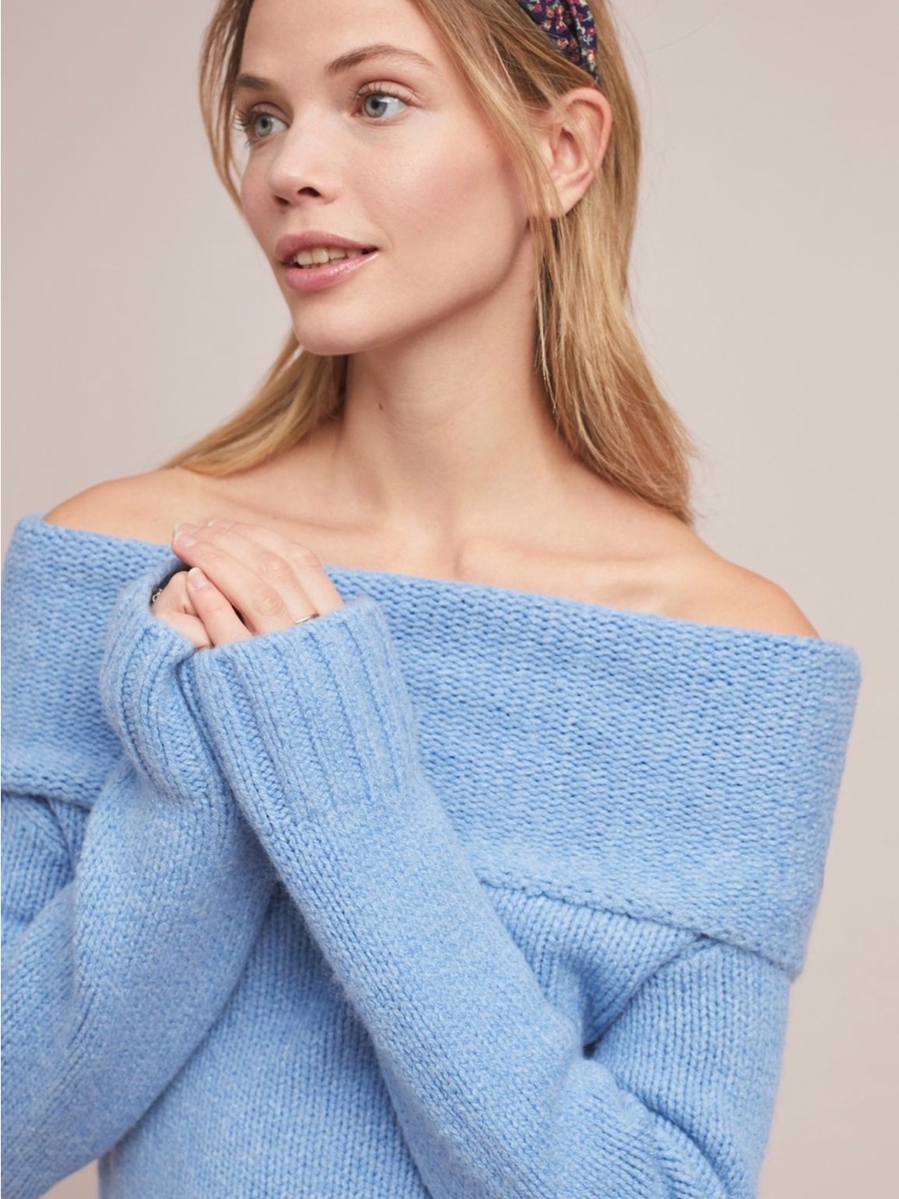 Anthropologie Off-the-Shoulder Fold-Over Sweater in Light Blue - Picture 4 of 7